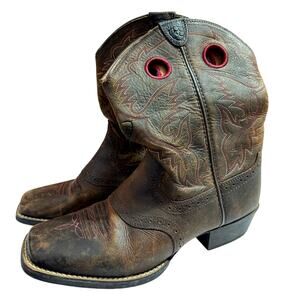 Ariat Cowboy Boots Youth Size 5 Brown Short Square Toe Rustic Rodeo